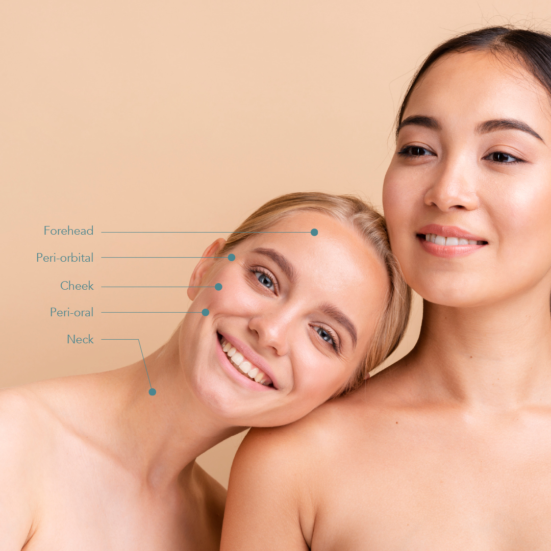 Beauty Science Richmond Rejuran Healer Two women showcasing facial areas highlighted for wellness and cosmetic procedures, emphasizing skin health.