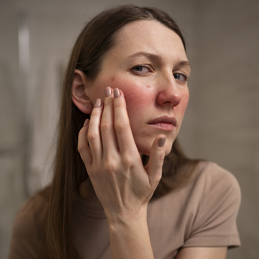 Beauty Science Skin Solutions Congestion Skin congestion remedy showcasing a woman evaluating her complexion for breakouts and irritation.